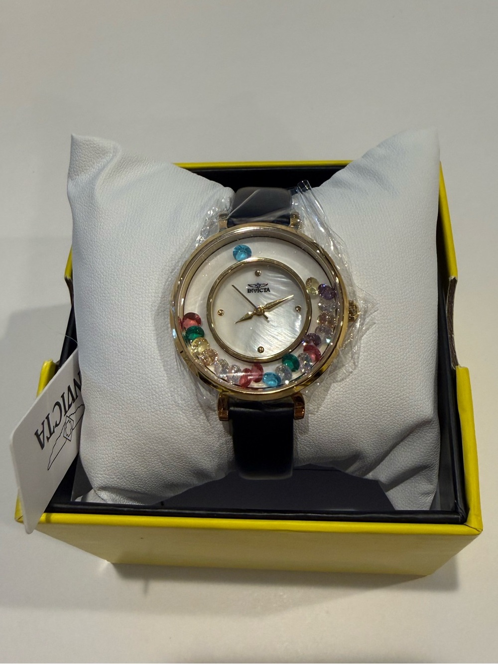 NEW Invicta Gold Tone Black Leather Watch Multicolor Crystal Dial Y2K Glam